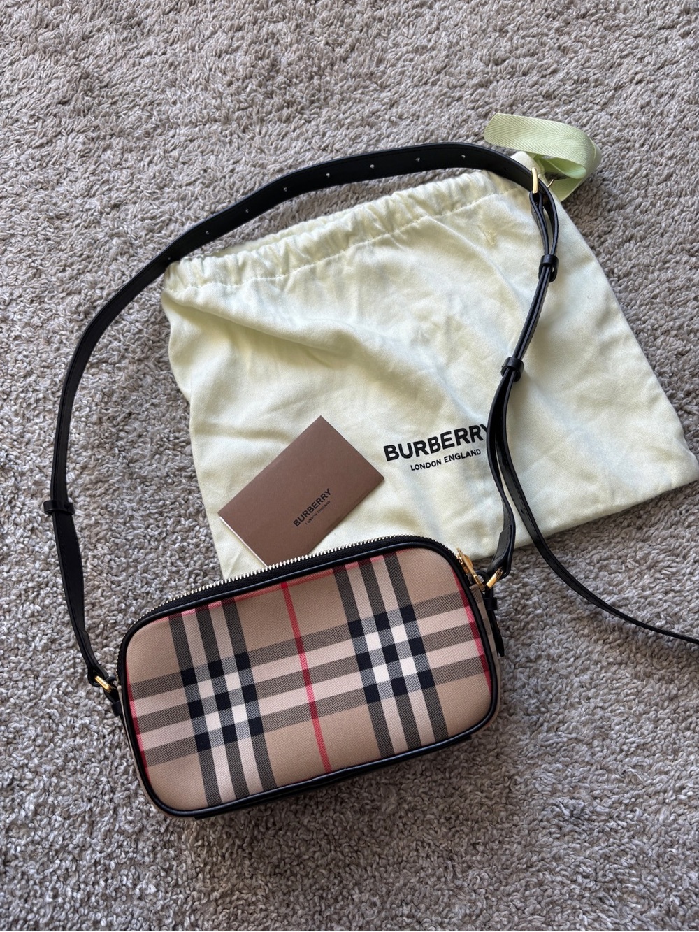 Burberry Tan Vintage Check Crossbody with Black Trim